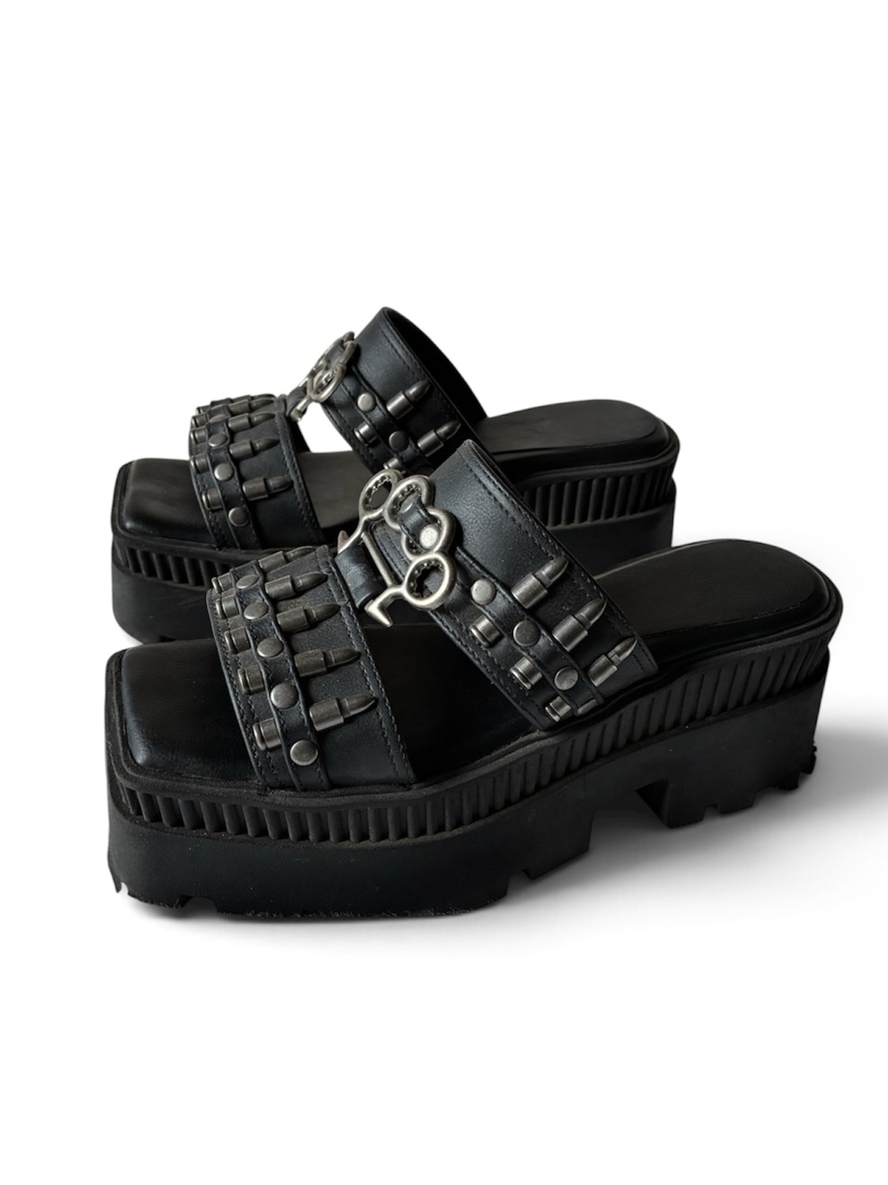 Rare Demonia Black Platform Slide Sandals with Gunmetal Metal Accent